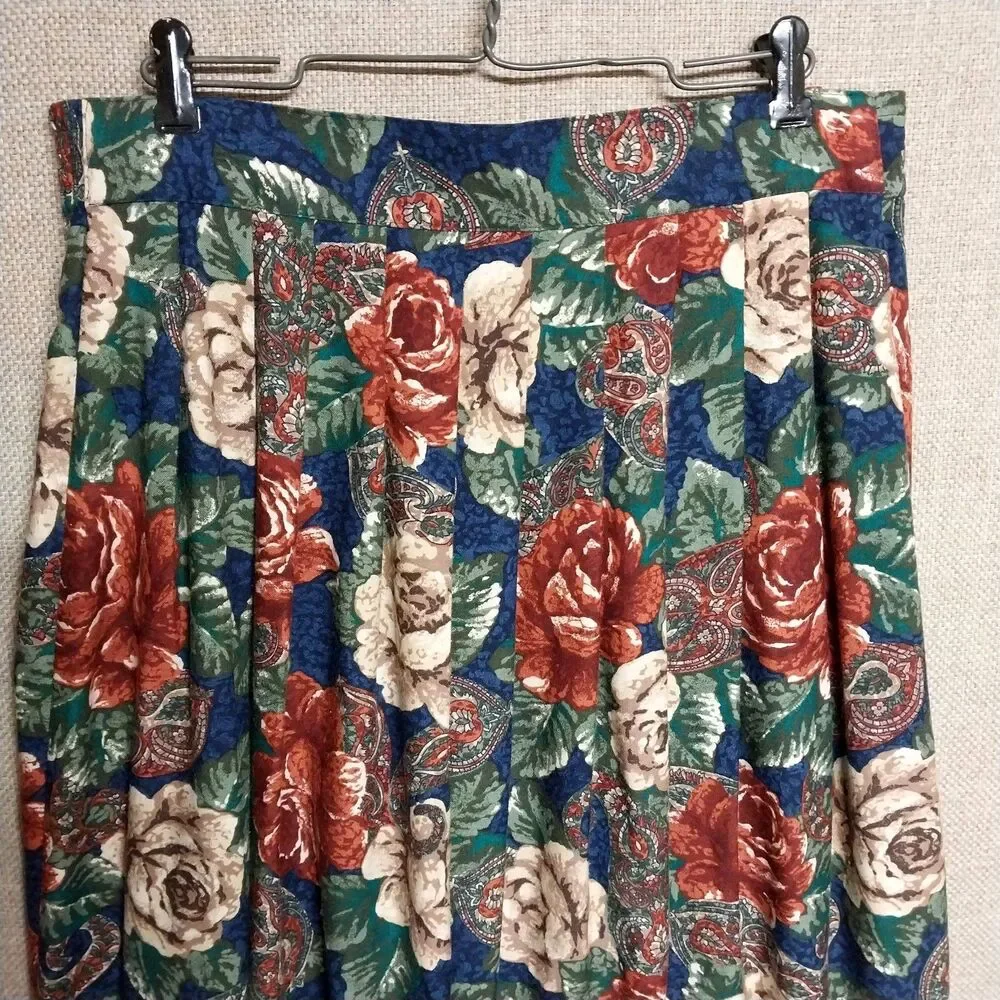 Vintage Kathie Lee Rich Orange Beige Blue Floral Skirt Pleated Maxi USA  Size 10